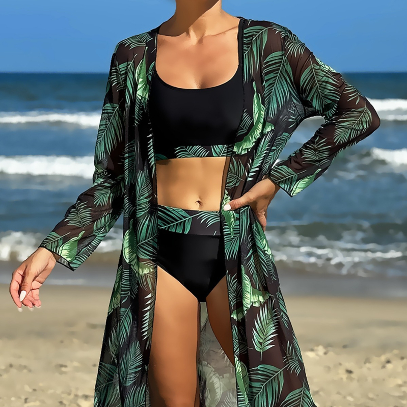 Σετ παραλίας τριών τεμαχίων: μπλούζα με μακριά μανίκια προστασίας από τον ήλιο, εκτύπωση τροπικού φυτού, ενσωματωμένες επενδύσεις στήθους, πολυεστέρας