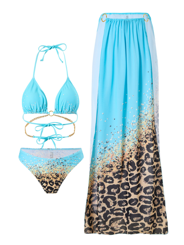 Set de bikini imprimat cu talie înaltă pentru femei adulte, trei piese, fără bretele, cu căptușeală pentru bust, 80% poliester și 20% căptușeală