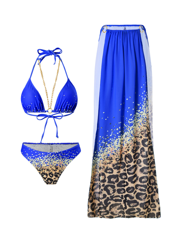 Set de bikini imprimat cu talie înaltă pentru femei adulte, trei piese, fără bretele, cu căptușeală pentru bust, 80% poliester și 20% căptușeală