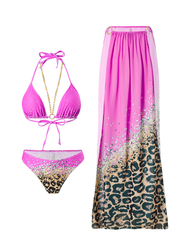 Set de bikini imprimat cu talie înaltă pentru femei adulte, trei piese, fără bretele, cu căptușeală pentru bust, 80% poliester și 20% căptușeală