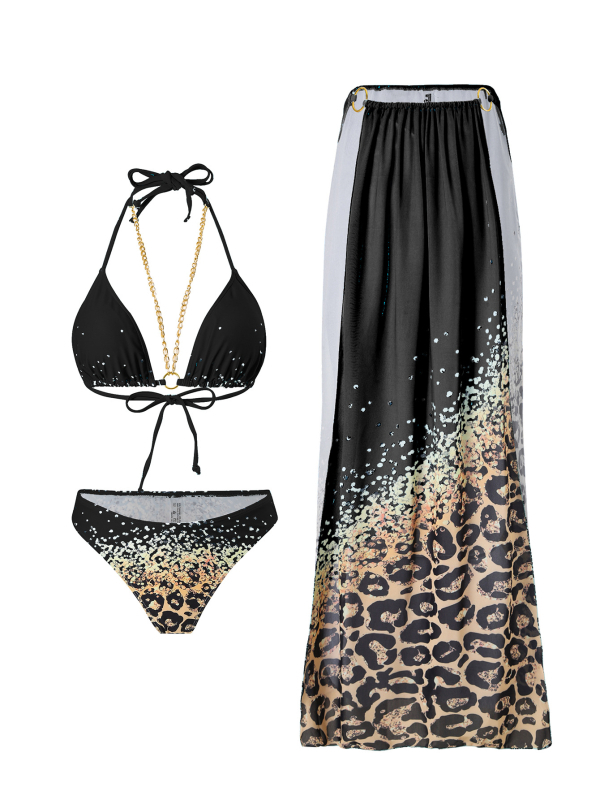 Set de bikini imprimat cu talie înaltă pentru femei adulte, trei piese, fără bretele, cu căptușeală pentru bust, 80% poliester și 20% căptușeală