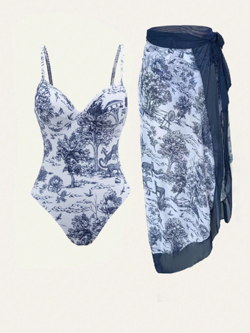 Costum de baie întreg cu burete la bust, imprimat, poliester, fără mâneci (Burete la bust, Imprimeu, Poliester)