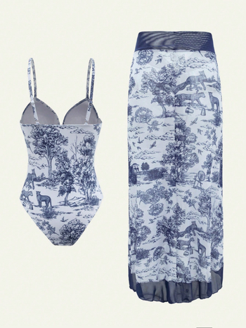 Ολόσωμο μαγιό με επένδυση στήθους, εκτύπωση, πολυεστέρας, χωρίς μανίκια (Με επένδυση στήθους, Εκτύπωση, Πολυεστέρας, Χωρίς μανίκια)