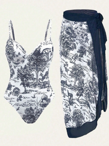 Ολόσωμο μαγιό με επένδυση στήθους, εκτύπωση, πολυεστέρας, χωρίς μανίκια (Με επένδυση στήθους, Εκτύπωση, Πολυεστέρας, Χωρίς μανίκια)