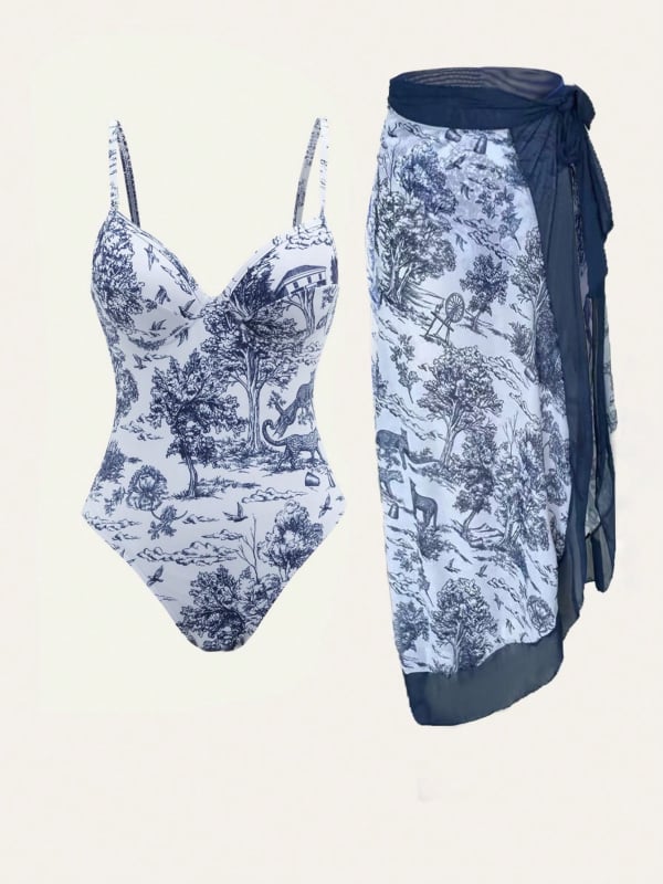 Costum de baie întreg cu burete la bust, imprimat, poliester, fără mâneci (Burete la bust, Imprimeu, Poliester)