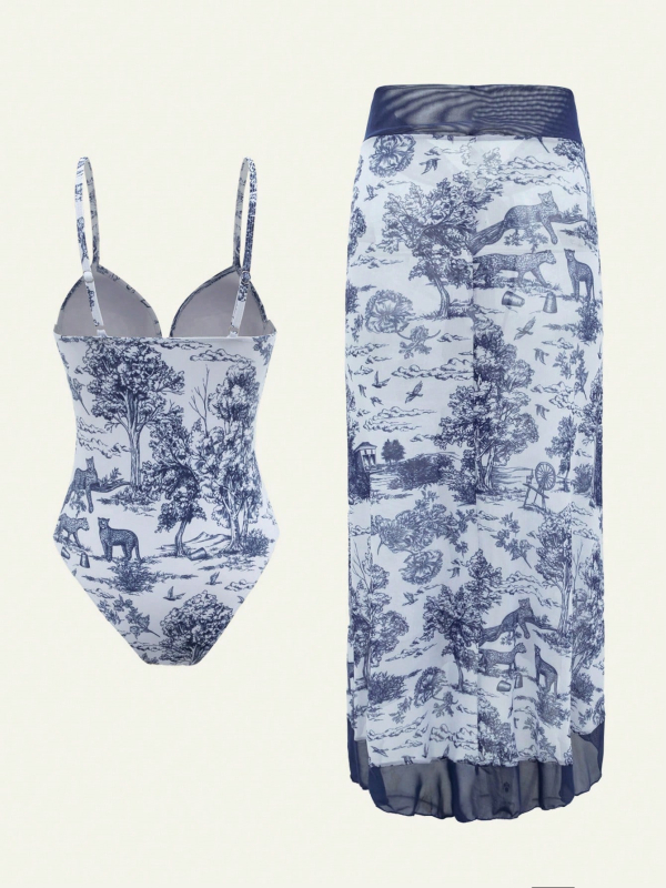 Costum de baie întreg cu burete la bust, imprimat, poliester, fără mâneci (Burete la bust, Imprimeu, Poliester)