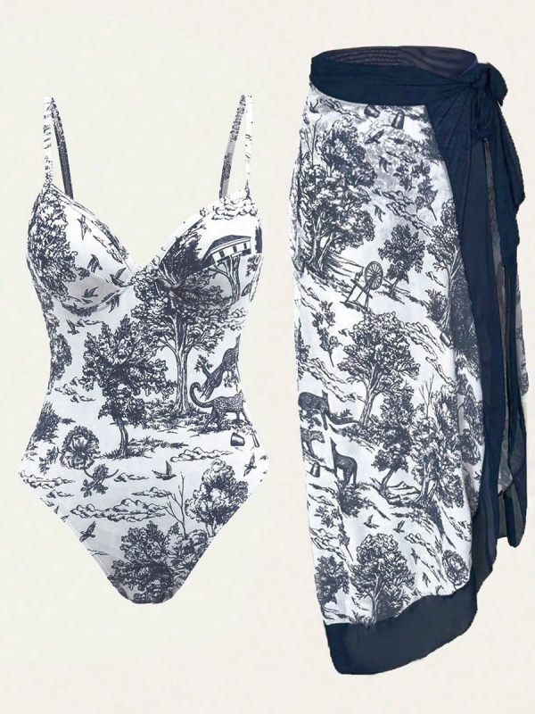 Costum de baie întreg cu burete la bust, imprimat, poliester, fără mâneci (Burete la bust, Imprimeu, Poliester)