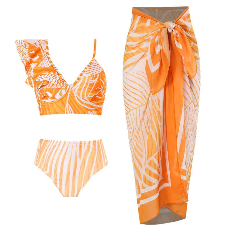 Kétrészes bikini fürdőruha hálószövetes szoknyával, egyvállas dizájn, magas derék, gyorsan száradó anyag, rugalmas, melltartó betéttel, 80% poliészter