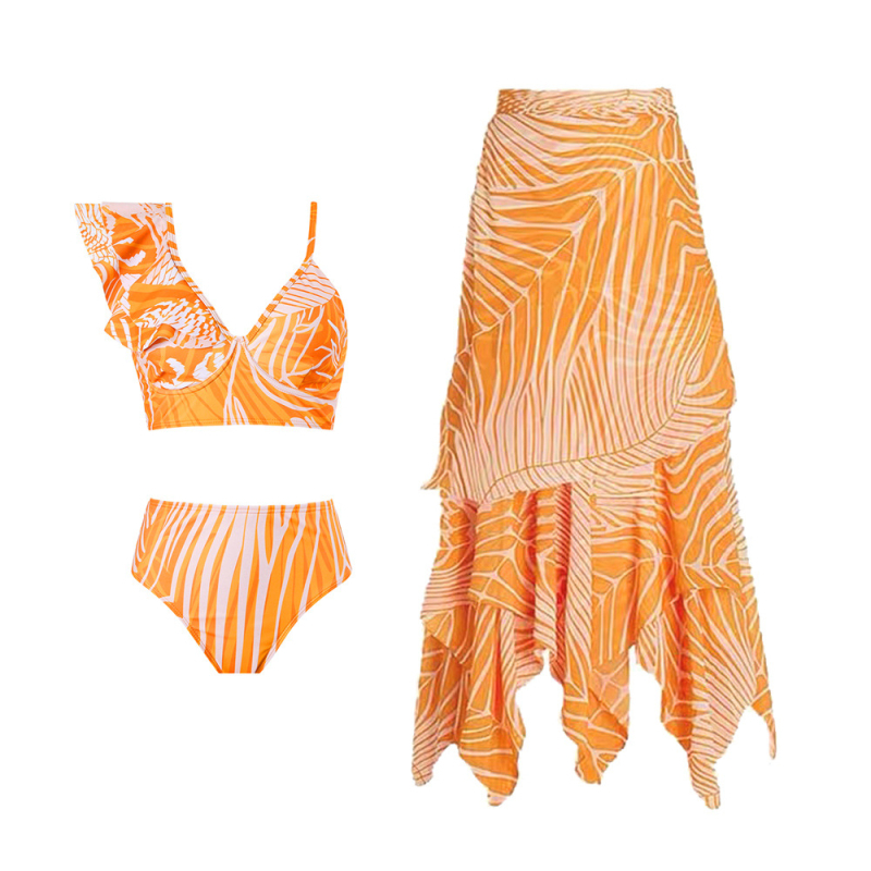 Kétrészes bikini fürdőruha hálószövetes szoknyával, egyvállas dizájn, magas derék, gyorsan száradó anyag, rugalmas, melltartó betéttel, 80% poliészter