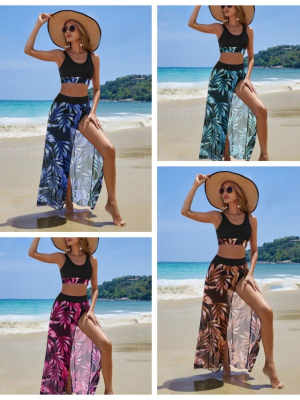 Set de baie pentru femei în trei piese, imprimat: rochie lungă de plajă, top de bikini căptușit, țesătură poliester cu elasticitate înaltă