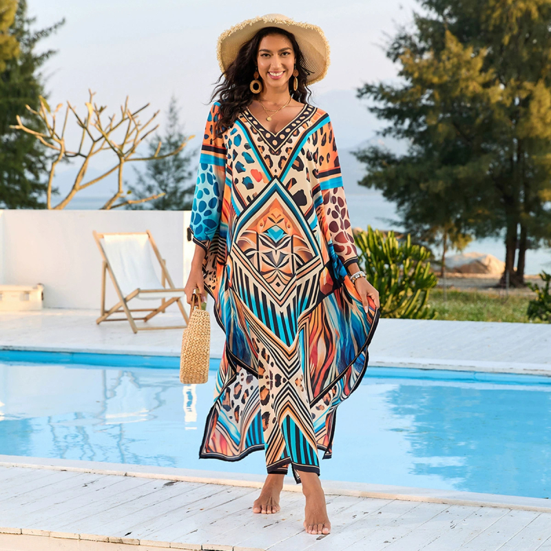 rochie de plajă imprimată din rayon, croială lejeră, acoperire pentru bikini; material rayon, conținut 100% bumbac, căptușeală poliester, greutate 280 g