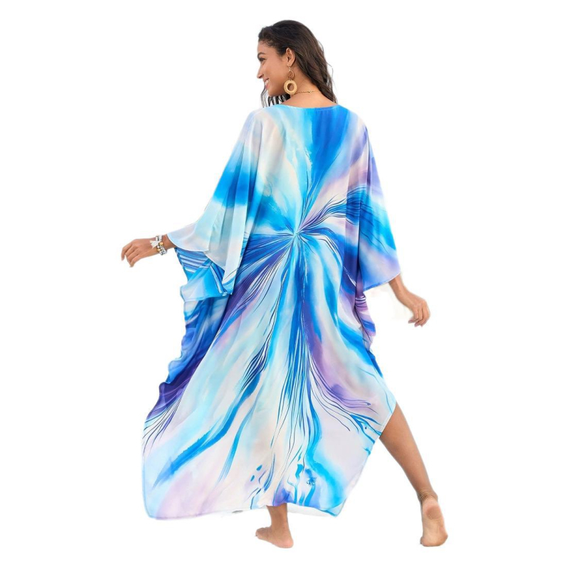 rochie de plajă imprimată din rayon, croială lejeră, acoperire pentru bikini; material rayon, conținut 100% bumbac, căptușeală poliester, greutate 280 g