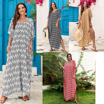 Nyomtatott poliészter strandblúz, elöl és hátul V-nyakkal, laza köntös-stílus, 250 g, alkalmas úszásra és vízi tevékenységekre