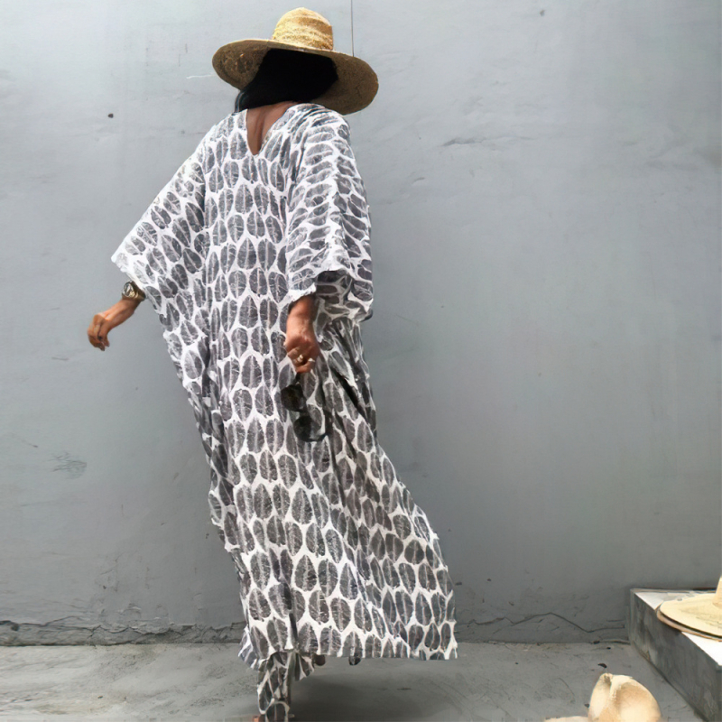 Nyomtatott poliészter strandblúz, elöl és hátul V-nyakkal, laza köntös-stílus, 250 g, alkalmas úszásra és vízi tevékenységekre