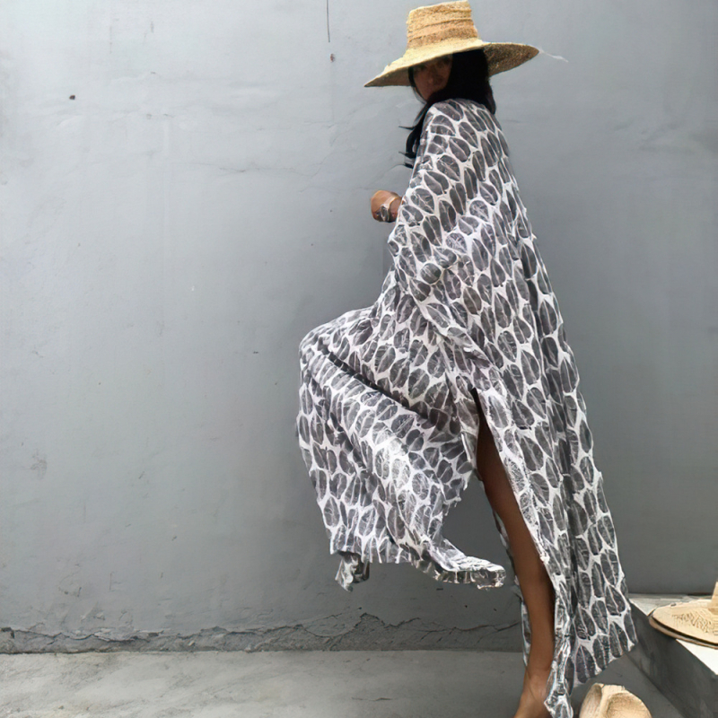 Nyomtatott poliészter strandblúz, elöl és hátul V-nyakkal, laza köntös-stílus, 250 g, alkalmas úszásra és vízi tevékenységekre