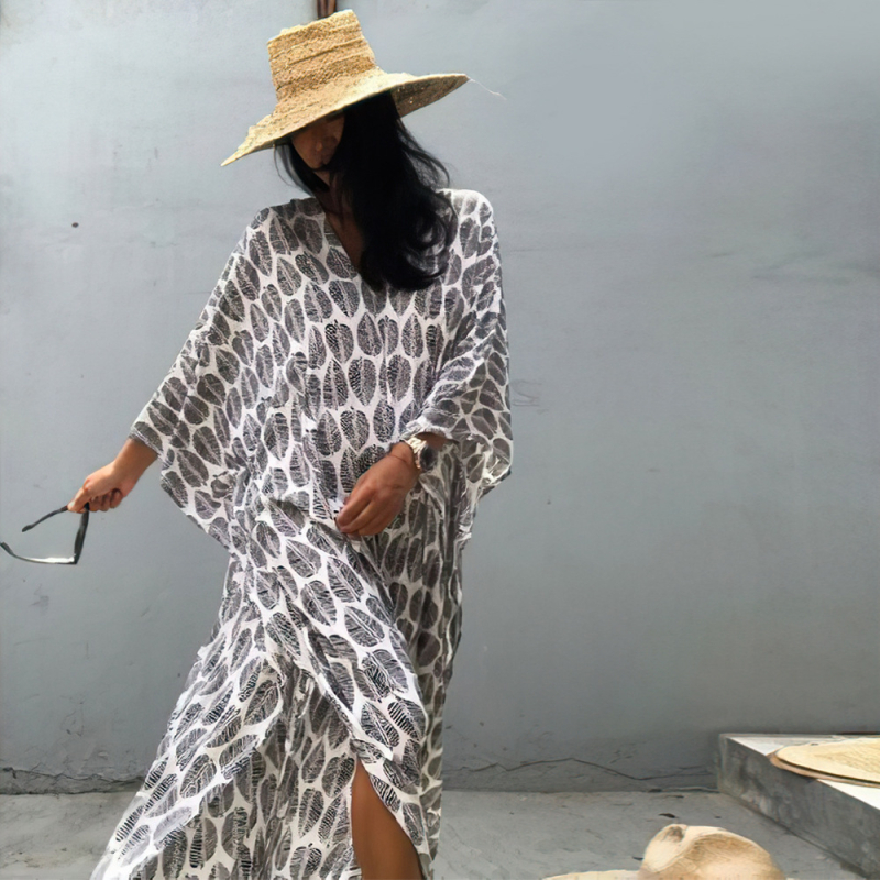 Nyomtatott poliészter strandblúz, elöl és hátul V-nyakkal, laza köntös-stílus, 250 g, alkalmas úszásra és vízi tevékenységekre