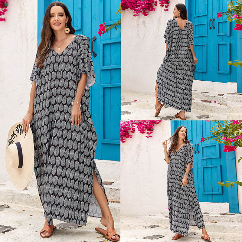 Nyomtatott poliészter strandblúz, elöl és hátul V-nyakkal, laza köntös-stílus, 250 g, alkalmas úszásra és vízi tevékenységekre