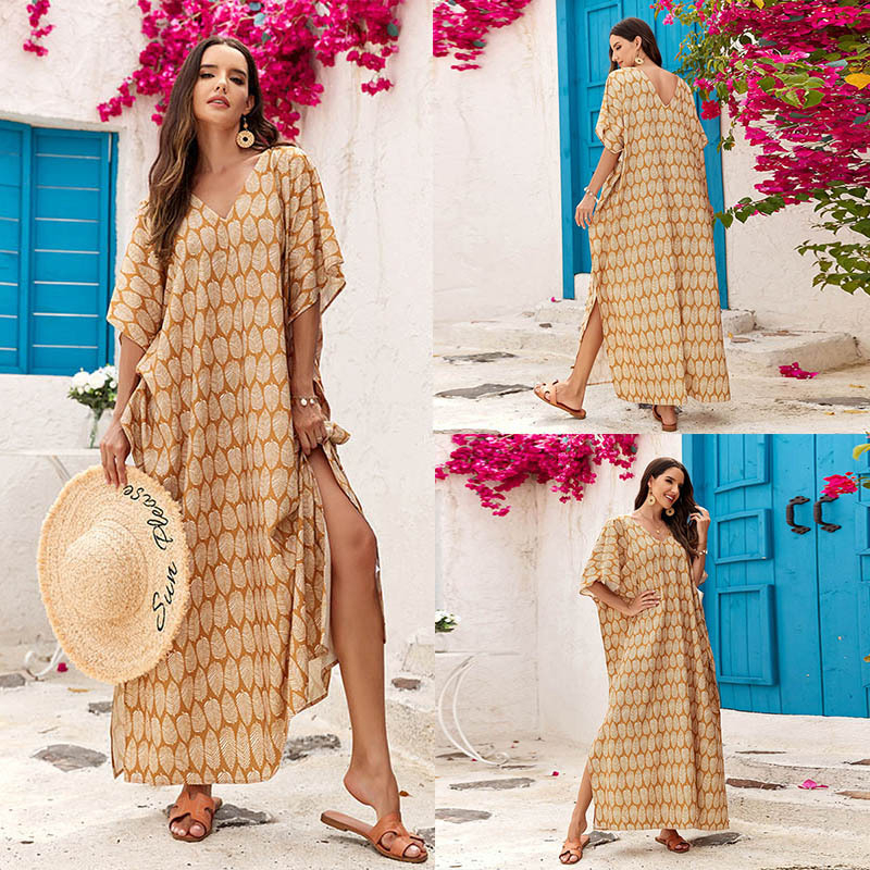 Nyomtatott poliészter strandblúz, elöl és hátul V-nyakkal, laza köntös-stílus, 250 g, alkalmas úszásra és vízi tevékenységekre