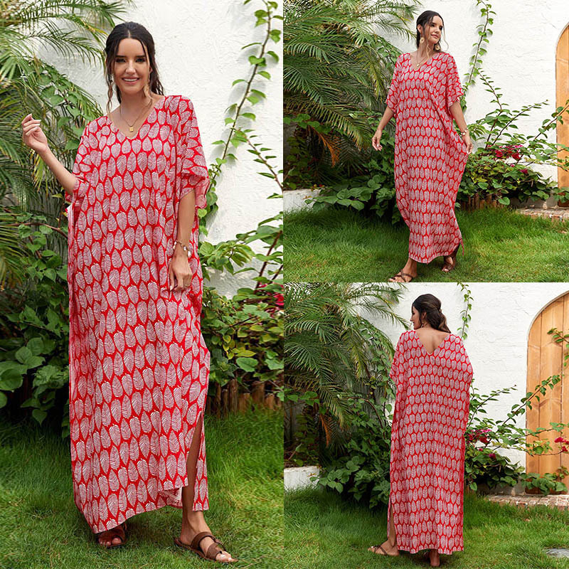 Nyomtatott poliészter strandblúz, elöl és hátul V-nyakkal, laza köntös-stílus, 250 g, alkalmas úszásra és vízi tevékenységekre