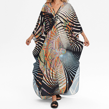 Φόρεμα παραλίας: ύφασμα ρεγιόν, εκτυπωμένο σχέδιο, V-λαιμόκοψη, κοντά μανίκια, σιλουέτα Α γραμμής