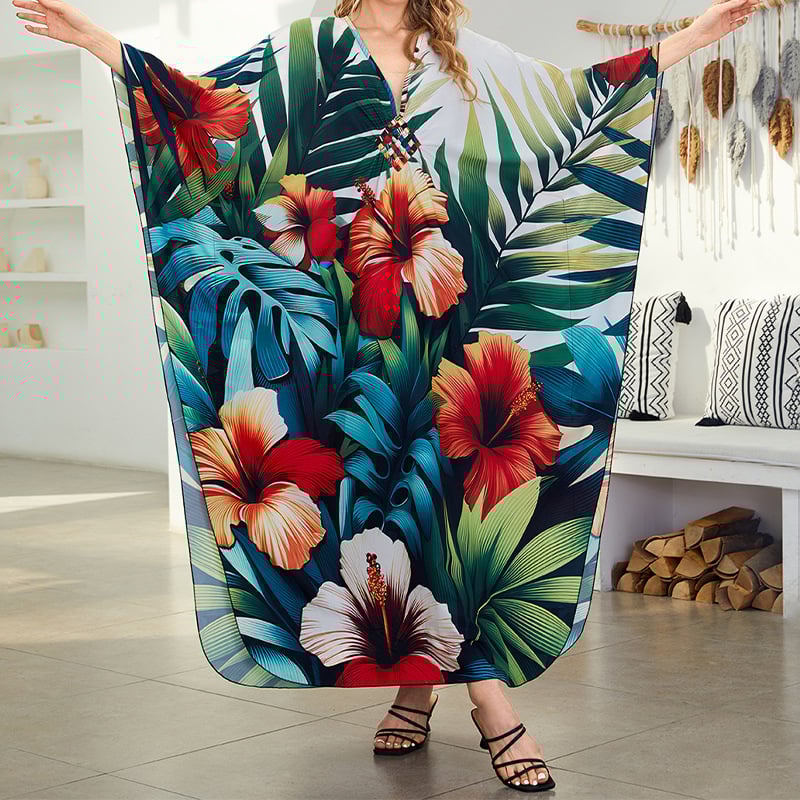 Tengerparti ruha: rayon anyag, nyomtatott minta, V-nyak, rövid ujjú, A-vonalú sziluett