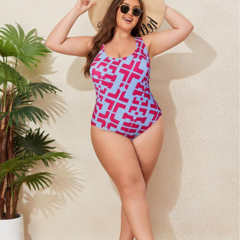 Costum de baie întreg cu imprimeu geometric, spate decupat, croială strânsă, material poliester-spandex, cu bureți pentru bust