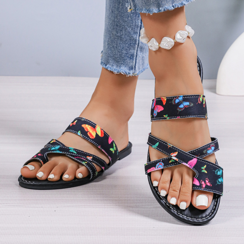 Sieviešu sandales romiešu stilā, elpojošas, ar ziedu rakstu, plakanā zole, augšdaļa no auduma, zoles pamats no gumijas