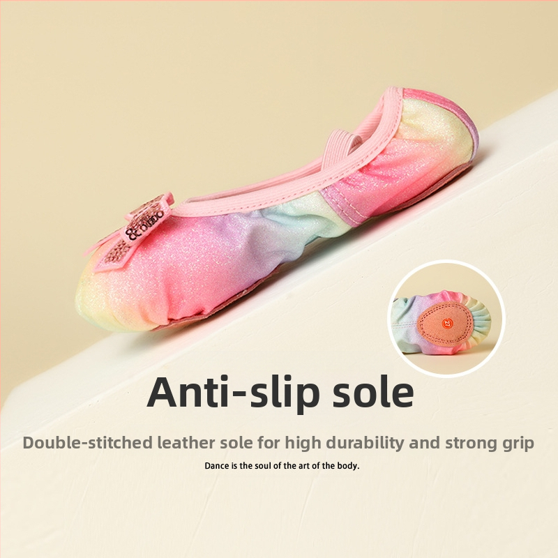 Detské tanečné topánky na balet s dúhovými flitrami, mäkká podrážka, plátená vrchná časť, priedušné (Plátená vrchná časť, Mäkká podrážka, Priedušné, Na balet)