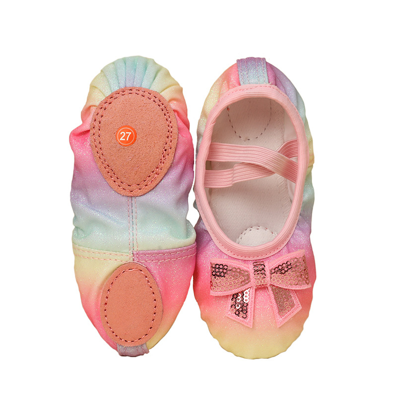 Bērnu deju kurpes baletam ar varavīksnes spīdumiem, mīksta zole, auduma augšdaļa, elpojošas (Auduma augšdaļa, Mīksta zole, Elpojošas, Baletam)