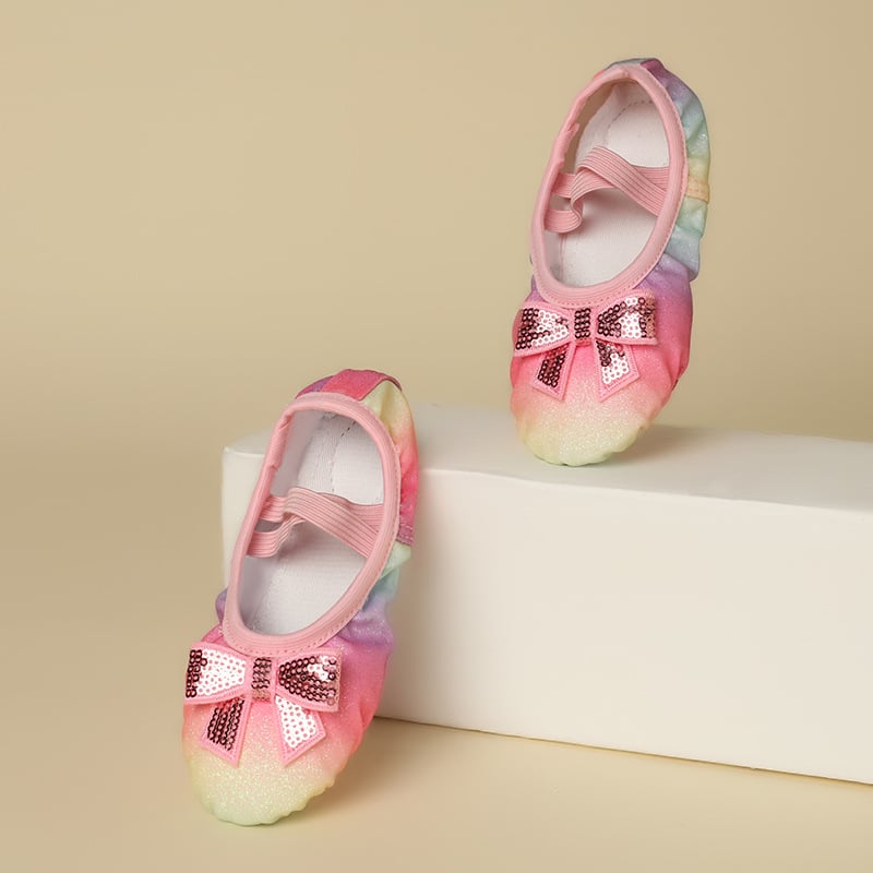 Bērnu deju kurpes baletam ar varavīksnes spīdumiem, mīksta zole, auduma augšdaļa, elpojošas (Auduma augšdaļa, Mīksta zole, Elpojošas, Baletam)