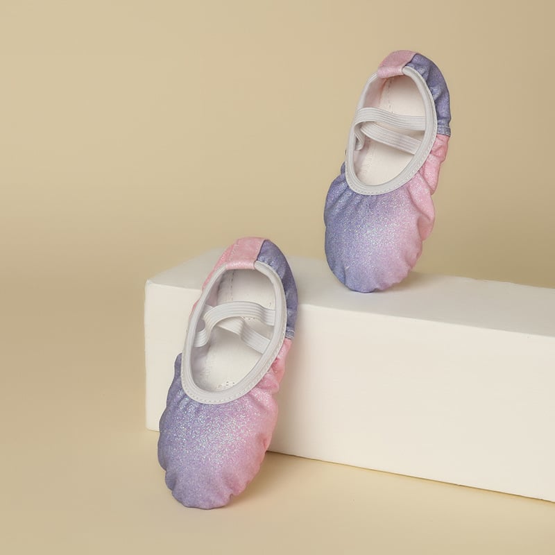 Bērnu deju kurpes baletam ar varavīksnes spīdumiem, mīksta zole, auduma augšdaļa, elpojošas (Auduma augšdaļa, Mīksta zole, Elpojošas, Baletam)