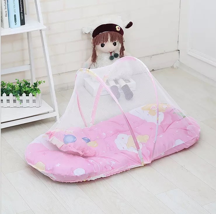 Saliekams bērnu tīklis pret kukaiņiem ar pamatni un plastmasas stabiem, gultas tīklam ar vienām durvīm, pret kukaiņiem, 1–3 gadu vecuma bērniem