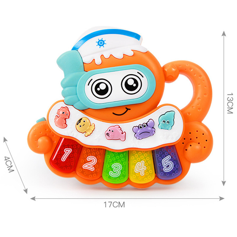 Бебешко електронно музикално пиано с животинска тема (динозавър, слон, лъв) за ранно образование; звук и светлина; пластмасова конструкция; подпомага емоционално, визуално, когнитивно и моторно развитие.