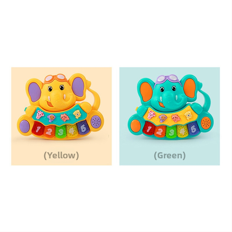 Бебешко електронно музикално пиано с животинска тема (динозавър, слон, лъв) за ранно образование; звук и светлина; пластмасова конструкция; подпомага емоционално, визуално, когнитивно и моторно развитие.