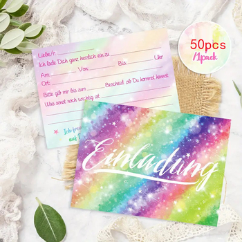 Покана за рожден ден с дъгова тема, хартия, 50 листа в пакет