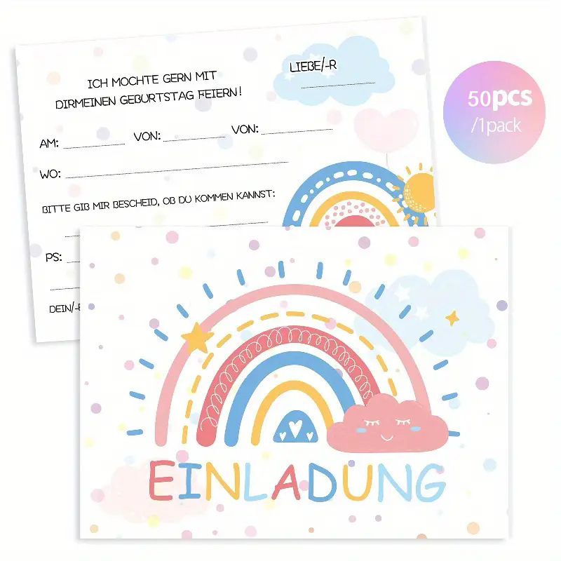 Покана за рожден ден с дъгова тема, хартия, 50 листа в пакет