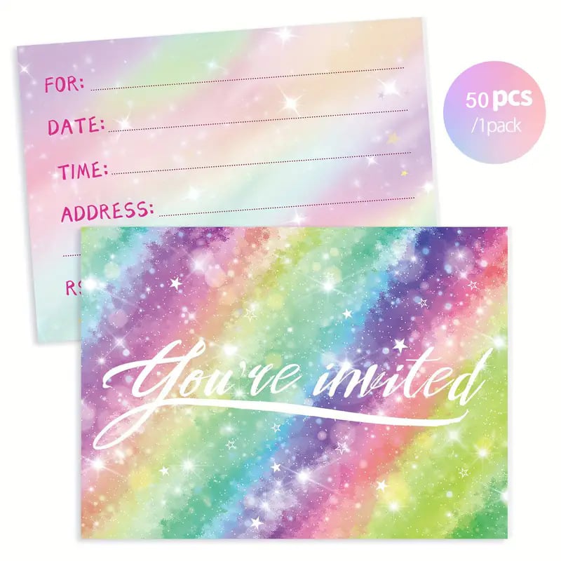 Покана за рожден ден с дъгова тема, хартия, 50 листа в пакет