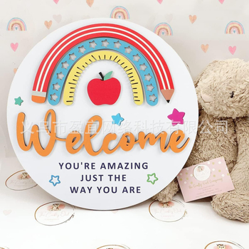 Ξύλινο κυκλικό ταμπελάκι πόρτας για παιδιά με ουράνιο τόξο, στυλ καρτούν, εκτύπωση, έτοιμο για δώρο