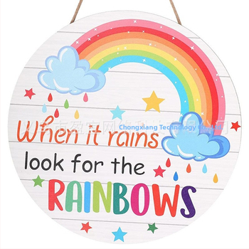 Ξύλινο κυκλικό ταμπελάκι πόρτας για παιδιά με ουράνιο τόξο, στυλ καρτούν, εκτύπωση, έτοιμο για δώρο