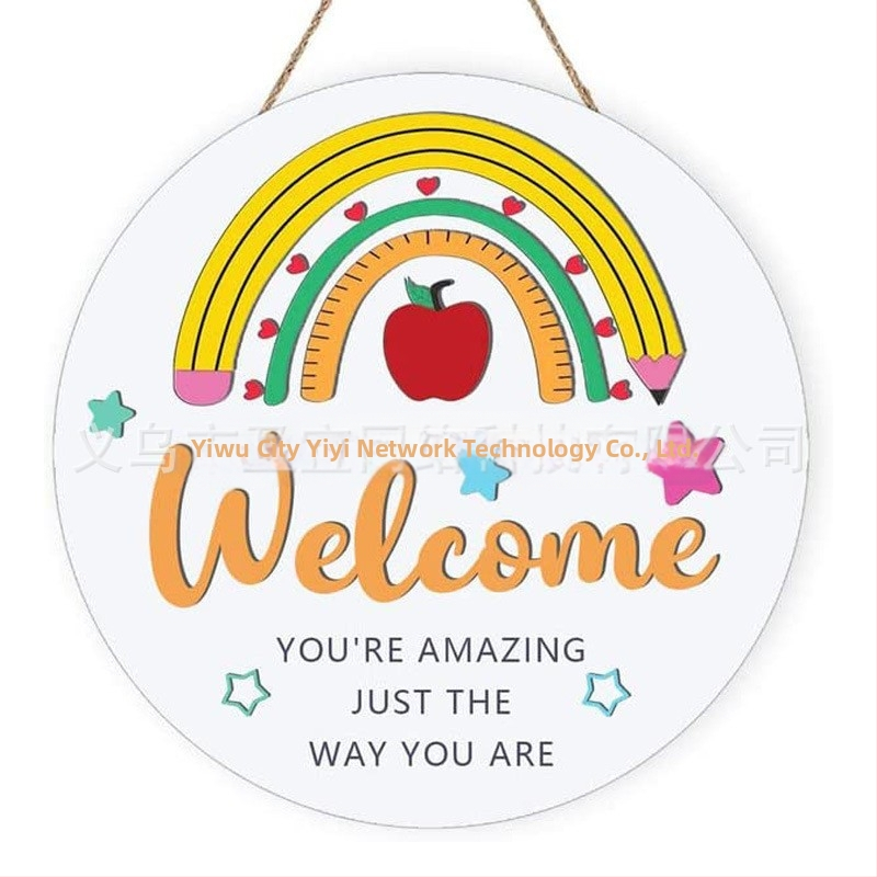 Ξύλινο κυκλικό ταμπελάκι πόρτας για παιδιά με ουράνιο τόξο, στυλ καρτούν, εκτύπωση, έτοιμο για δώρο