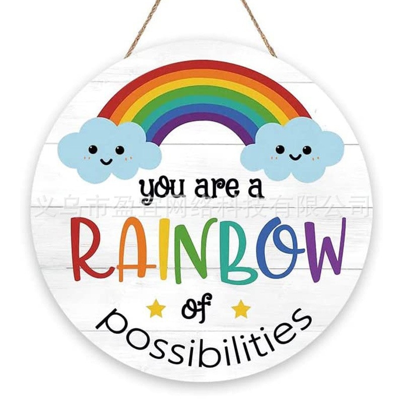 Ξύλινο κυκλικό ταμπελάκι πόρτας για παιδιά με ουράνιο τόξο, στυλ καρτούν, εκτύπωση, έτοιμο για δώρο