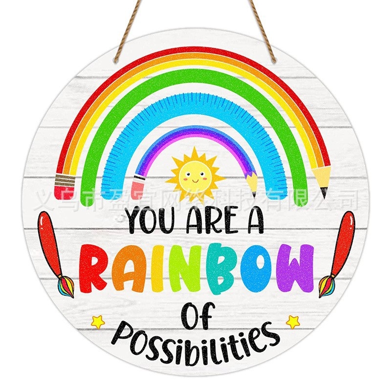Ξύλινο κυκλικό ταμπελάκι πόρτας για παιδιά με ουράνιο τόξο, στυλ καρτούν, εκτύπωση, έτοιμο για δώρο