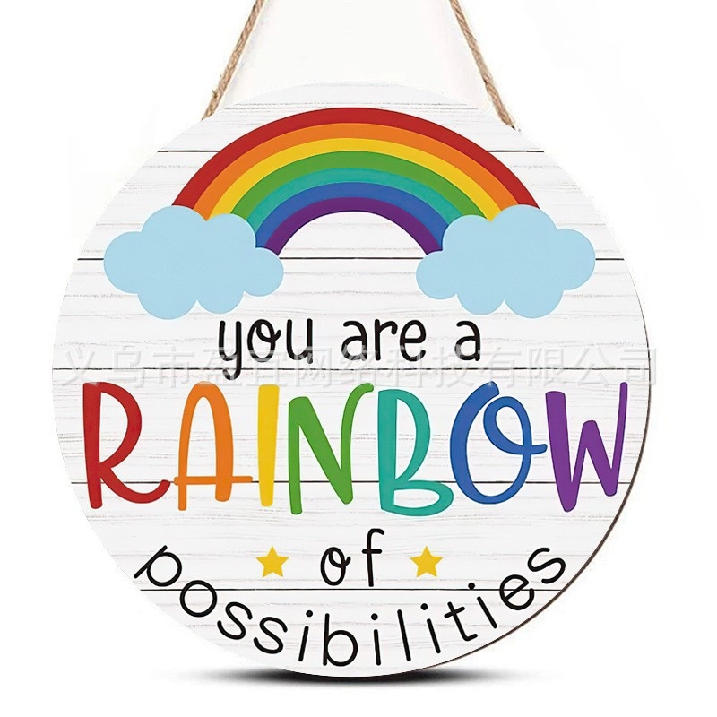 Ξύλινο κυκλικό ταμπελάκι πόρτας για παιδιά με ουράνιο τόξο, στυλ καρτούν, εκτύπωση, έτοιμο για δώρο