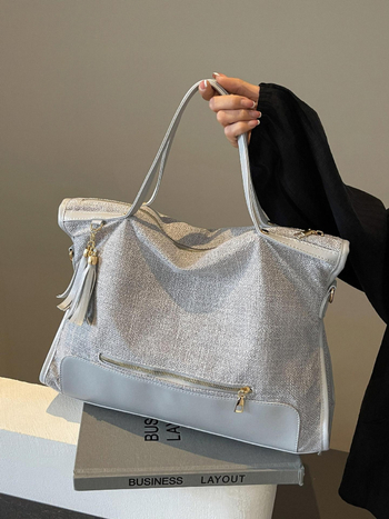 Платнена чанта за ежедневна употреба с хоризонтална квадратна форма, цип за затваряне, вътрешен джоб с цип, вътрешен джоб тип patch