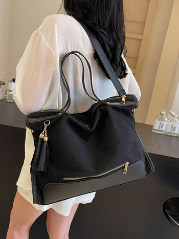 Платнена чанта за ежедневна употреба с хоризонтална квадратна форма, цип за затваряне, вътрешен джоб с цип, вътрешен джоб тип patch