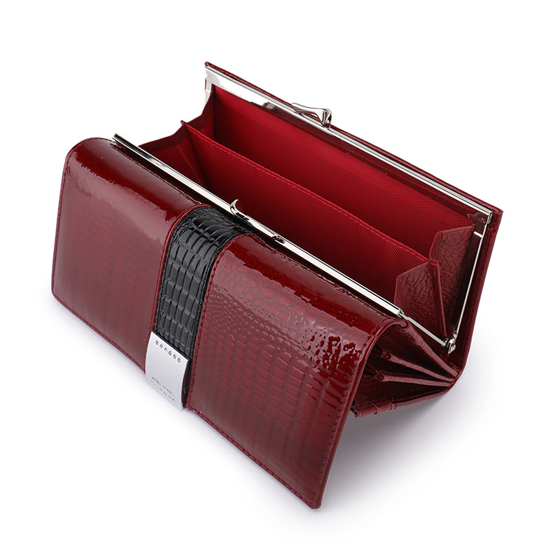 Odinė moterų piniginė su monetų dėžute, dviejų sluoksnių karvės odos, vienos spalvos dizainas, Henghuang, išplečiamas su telefono kišene