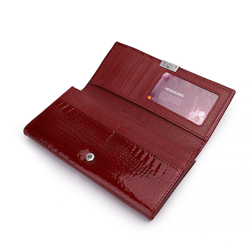 Odinė moterų piniginė su monetų dėžute, dviejų sluoksnių karvės odos, vienos spalvos dizainas, Henghuang, išplečiamas su telefono kišene