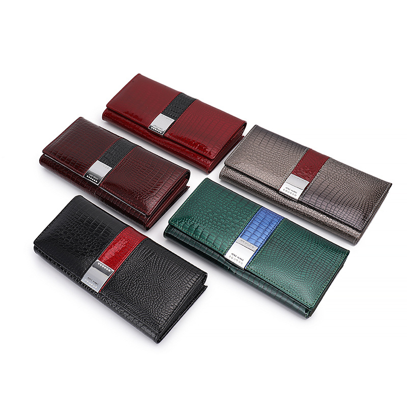 Odinė moterų piniginė su monetų dėžute, dviejų sluoksnių karvės odos, vienos spalvos dizainas, Henghuang, išplečiamas su telefono kišene