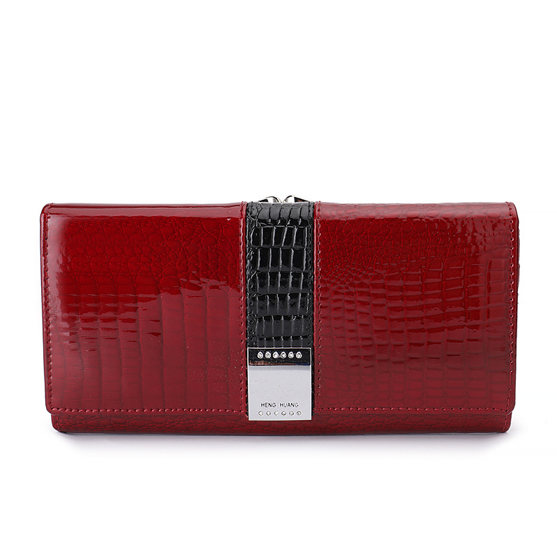 Odinė moterų piniginė su monetų dėžute, dviejų sluoksnių karvės odos, vienos spalvos dizainas, Henghuang, išplečiamas su telefono kišene