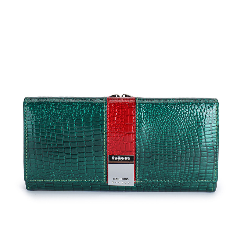 Odinė moterų piniginė su monetų dėžute, dviejų sluoksnių karvės odos, vienos spalvos dizainas, Henghuang, išplečiamas su telefono kišene